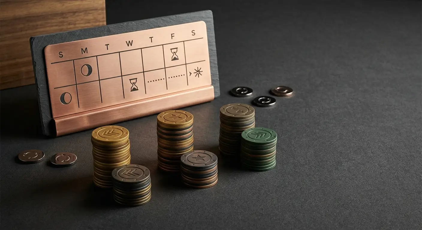 Editorial illustration representing a multi-stage casino welcome offer with bonus tokens and free-spin symbols, without brand marks or readable amounts