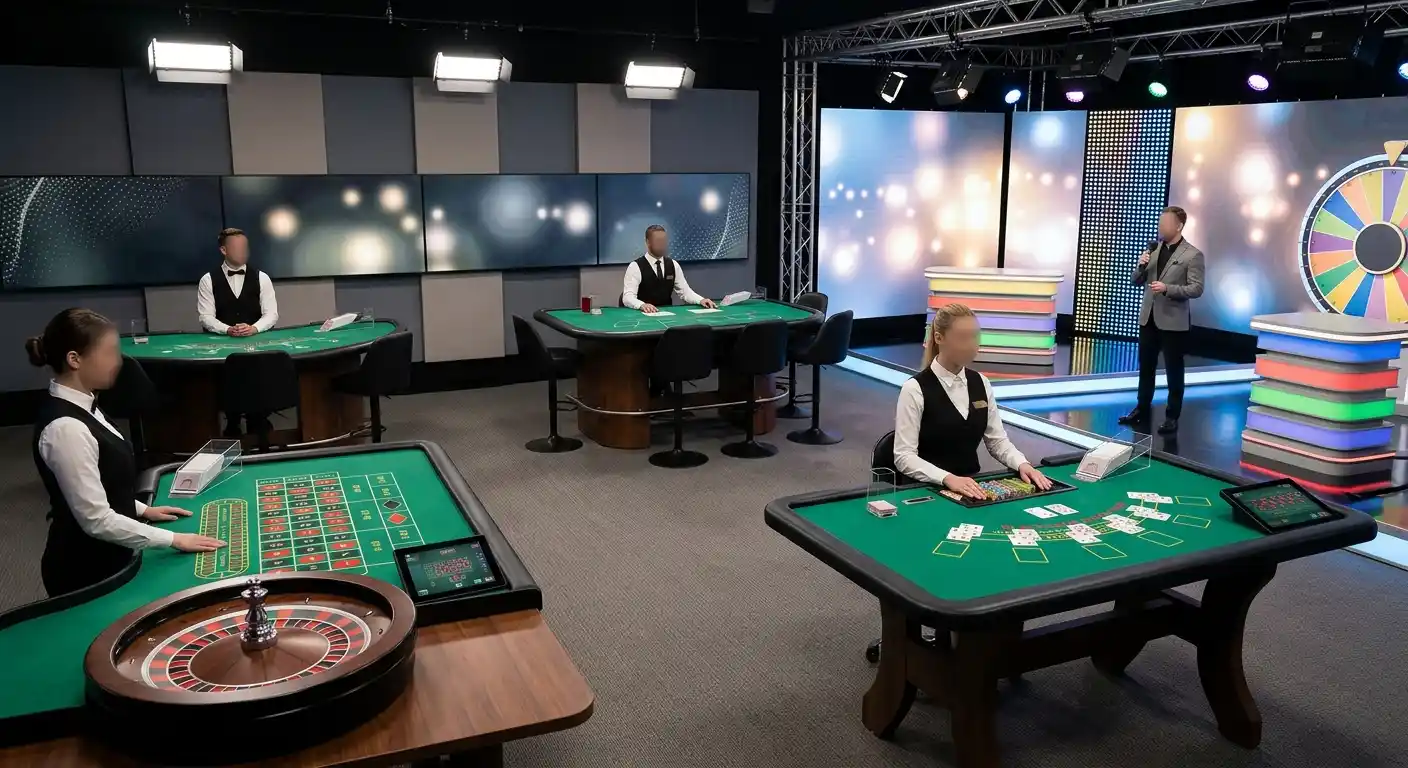 Editorial illustration of a live dealer studio with generic roulette, blackjack, baccarat and game-show areas, without logos, readable betting values or real game interfaces