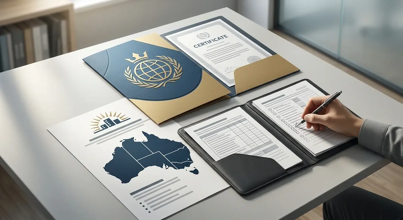 Editorial compliance illustration showing operator documents, an international licence motif and an Australian regulatory map