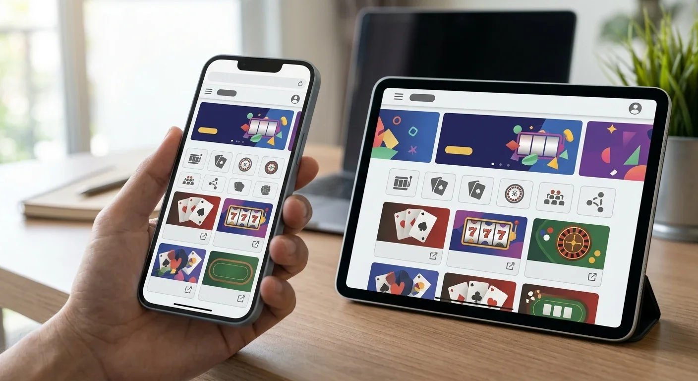 Editorial illustration of a responsive casino website displayed on a smartphone and tablet without app-store logos