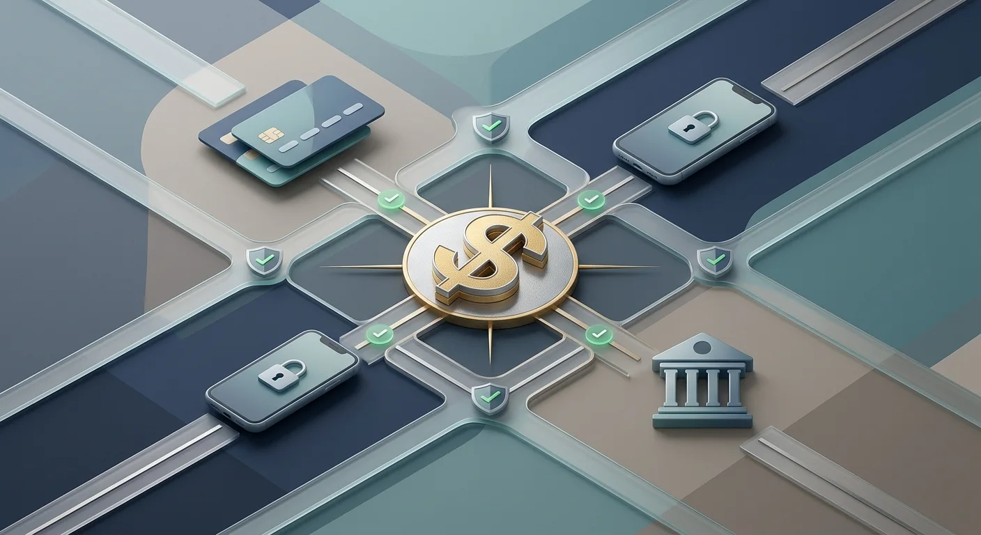 Editorial illustration of Australian dollar payment routes using cards, e-wallets and bank transfers