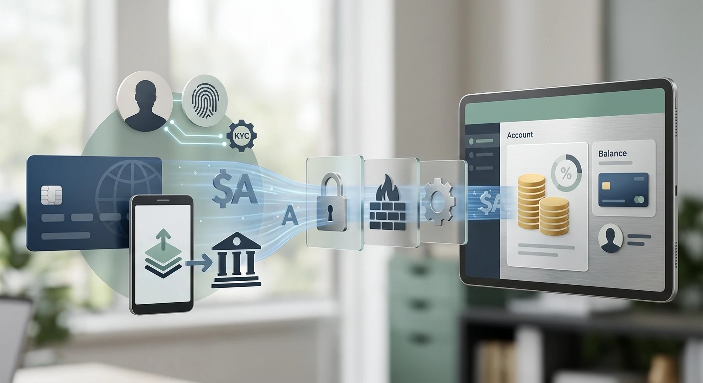 Editorial illustration of an Australian dollar deposit moving through card, e-wallet and bank transfer routes