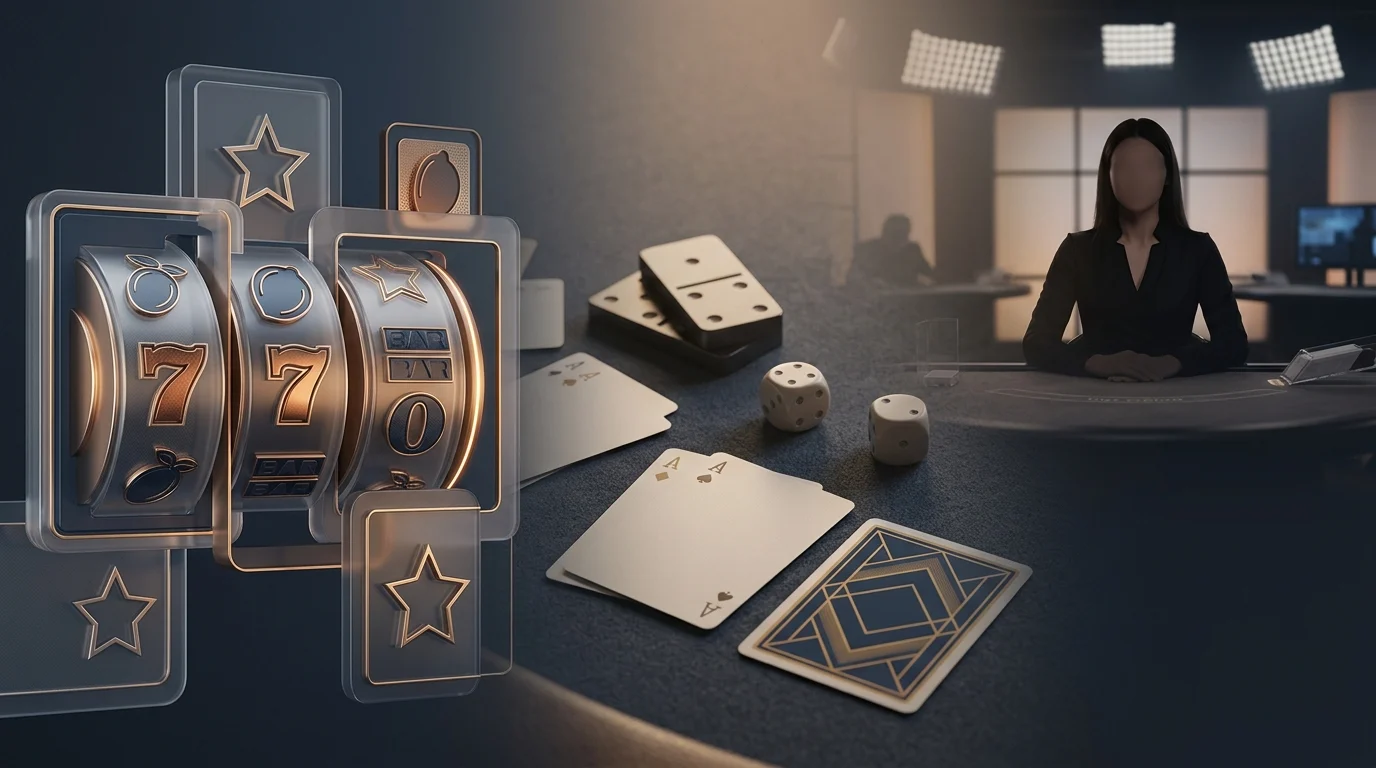 Neutral editorial collage representing pokies reels, playing cards, table games and a live dealer studio without brand marks or real game interfaces