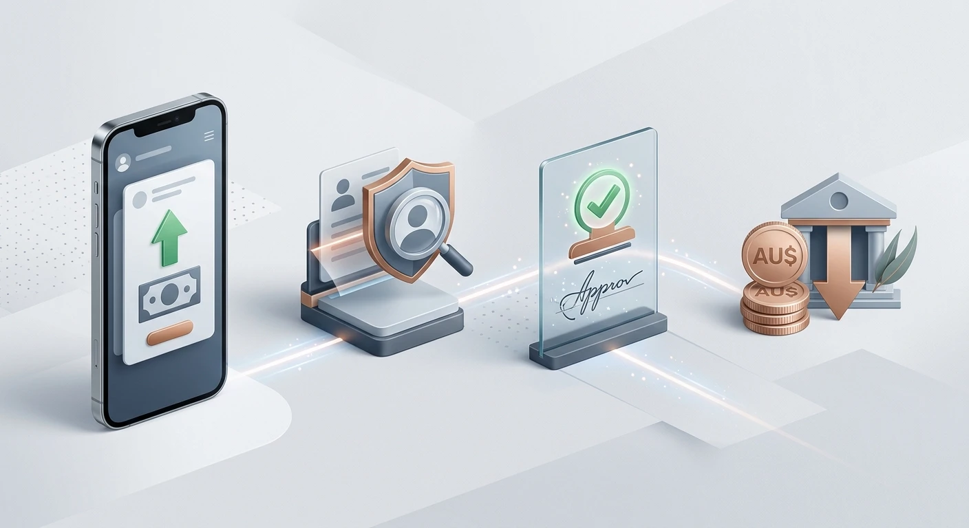 Editorial illustration of a casino cashout moving through request, identity verification, operator approval and bank settlement stages