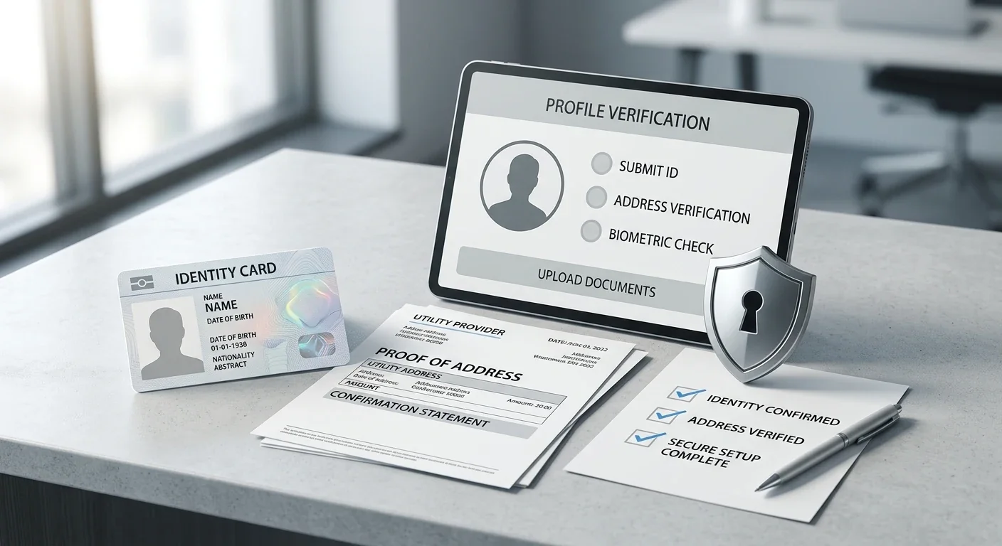 Editorial illustration of account verification with an identity card, address document and secure account checklist