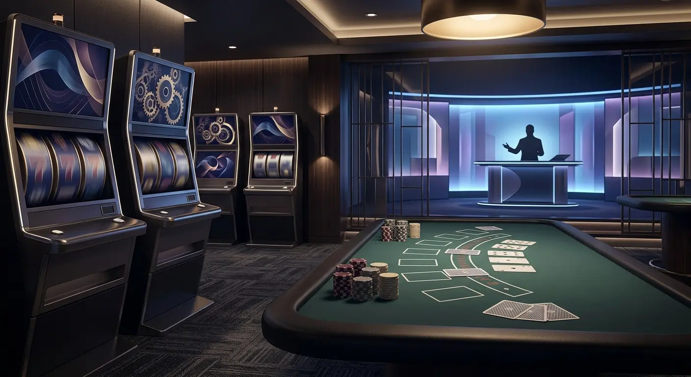 Neutral editorial illustration representing pokies, table games and live dealer categories