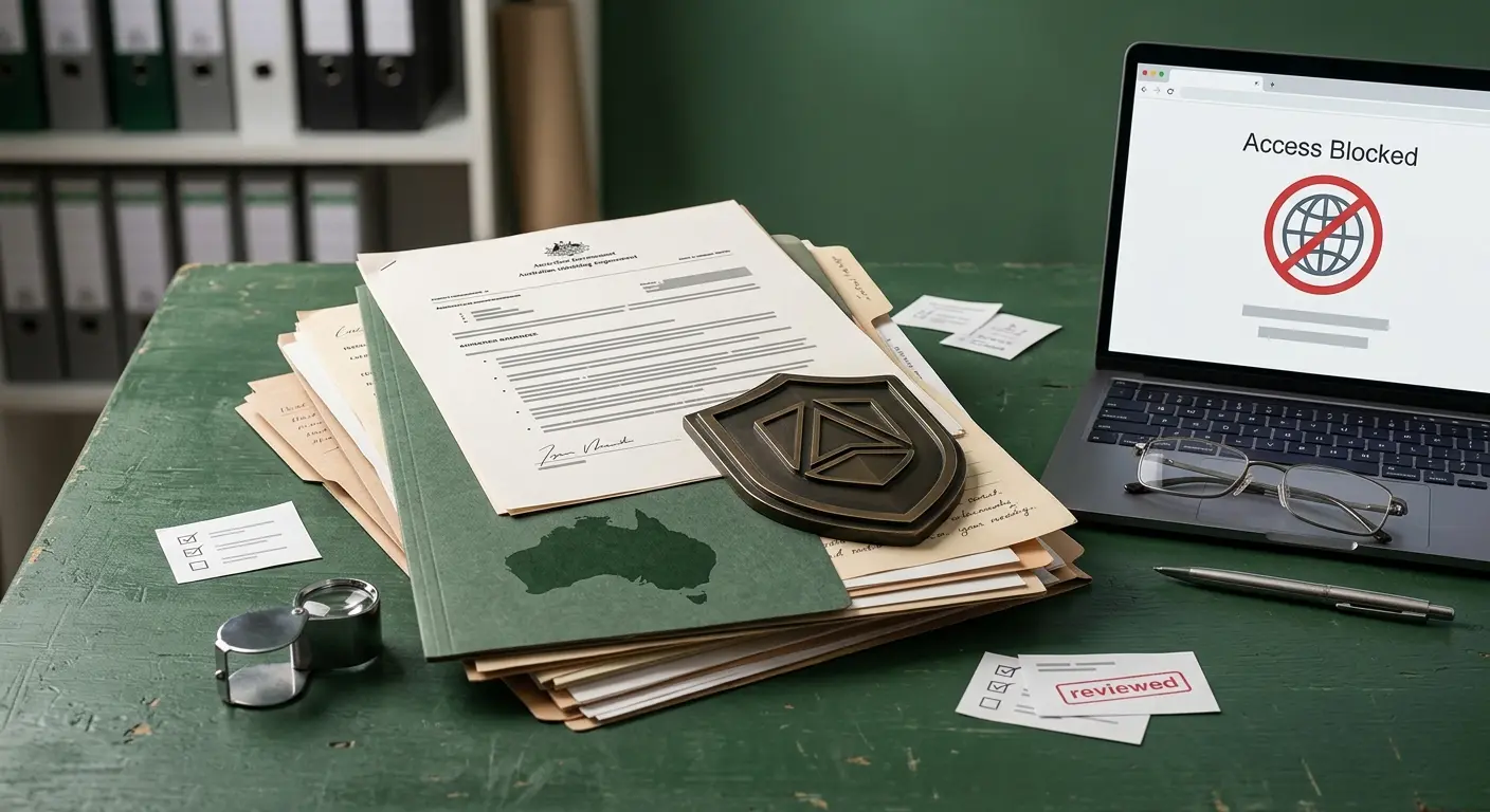 Editorial illustration of Australian regulatory documents, a shield and map motifs